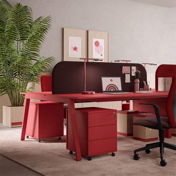 This creative showcases a modern office desk setup with bold red accents and a clean, highly organized, and aspirational workspace aesthetic.