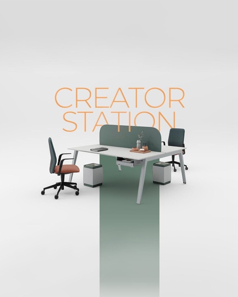This creative showcases a dual-desk setup with chairs and minimalist accessories, using soft lighting and a muted color palette to emphasize professional productivity.