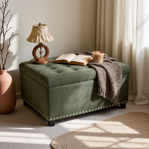 A high-quality 1:1 image showing a tufted green storage ottoman staged in a cozy, sunlit reading corner to convey comfort and utility.