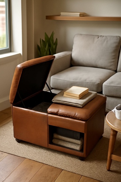 This creative showcases a leather storage ottoman with its lid open, revealing internal storage capacity while maintaining a clean, lifestyle-oriented aesthetic.