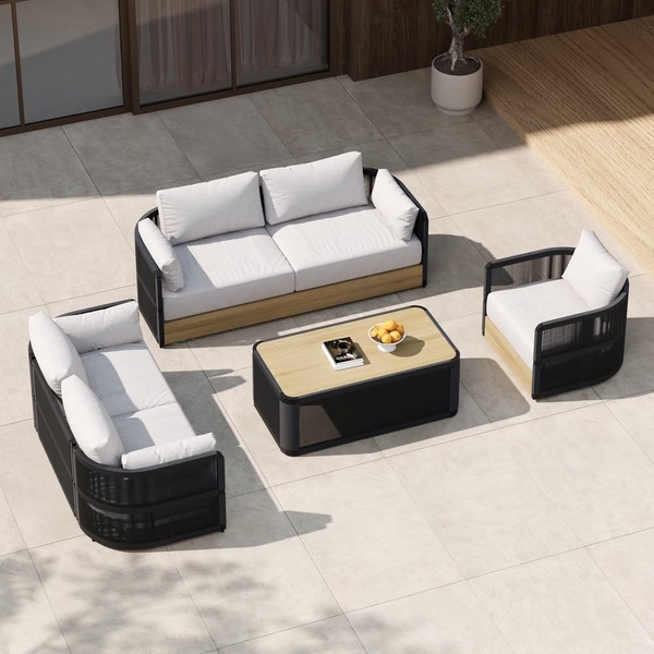 A high-angle, clean product shot of a luxury outdoor sofa set featuring neutral tones and a modern, modular design on a patio surface.