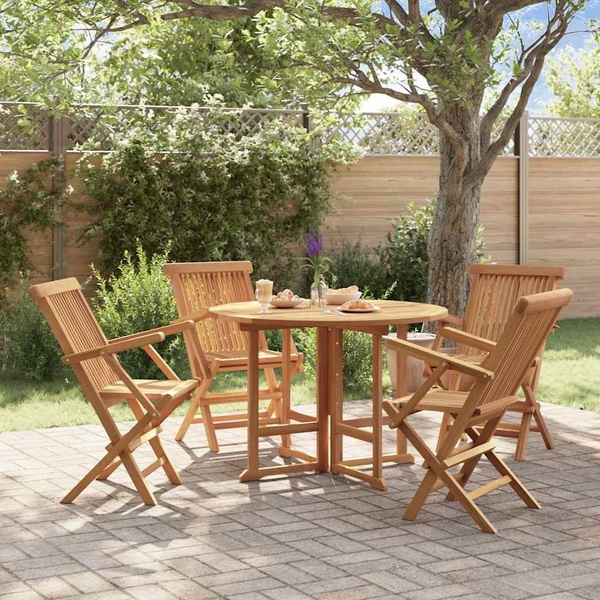 A high-quality lifestyle shot featuring a wooden outdoor dining set placed on a patio, focusing on the product's premium aesthetic and durability.