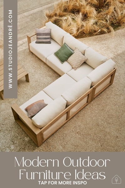 A high-angle, clean product shot of a minimalist L-shaped sectional sofa on a sand-colored stone patio, emphasizing a curated lifestyle aesthetic.