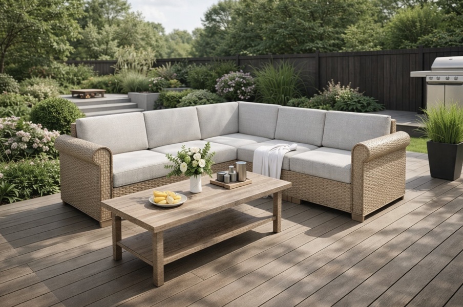 A high-quality 3:2 static image showcasing a modular patio sofa set in a bright, natural backyard environment.