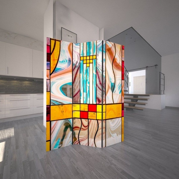room divider, folding screen, stained glass screen, decorative partition, privacy screen, new arrival, lifestyle, calm, neutral, yellow, blue