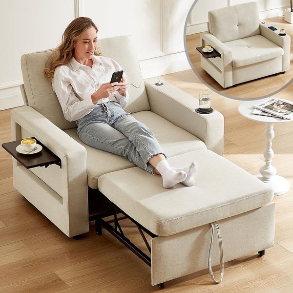 A high-clarity product hero shot showcasing the convertible sofa bed in use, highlighting its space-saving and functional design features.