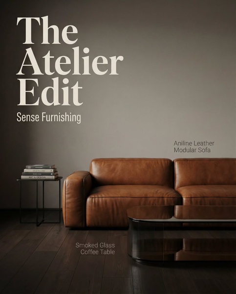 A minimalist, high-end furniture advertisement featuring an aniline leather modular sofa and a smoked glass coffee table against a neutral backdrop.