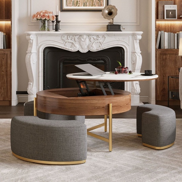 A high-end, clean-focused lifestyle shot of a modern lift-top coffee table styled in a luxurious living room, emphasizing functionality and elegance.