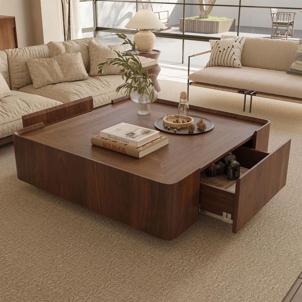 A high-quality 1:1 image showcasing a modern wooden coffee table with integrated storage drawer in an airy, sunlit living room setting.