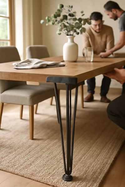 A high-quality lifestyle shot showing a modern dining table in a neutral, brightly lit home environment, emphasizing design and utility.