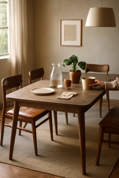 A high-quality, static image of a wooden dining table in a neutrally toned, sunlit room, focusing on clean lines and texture.