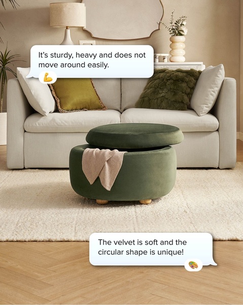 storage ottoman, round ottoman, velvet ottoman, ottoman with storage, upholstered ottoman, coffee table ottoman, social proof, bestseller push, lifestyle, ugc style, warm, calm, green, neutral