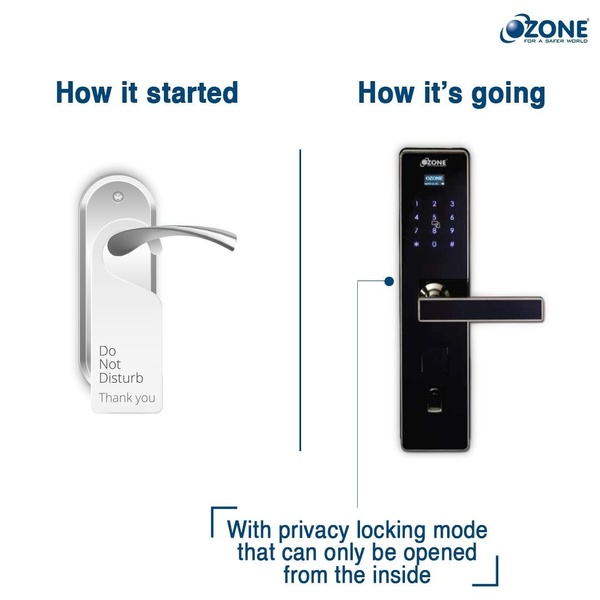 This creative uses a classic before-and-after comparison to highlight the transition from outdated physical door tags to a modern smart lock solution.