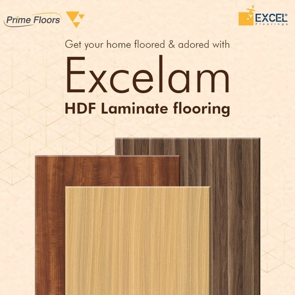 A clean, minimalist 1:1 square ad showcasing three different wood-texture laminate flooring samples against a branded background.