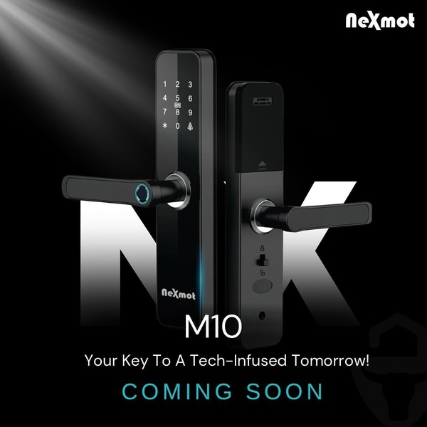 A high-contrast, minimalist teaser ad for a new smart lock product, focusing on a premium look and the concept of a tech-infused future.