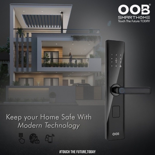 A high-quality product shot of a black smart door lock integrated with a residential home setting to emphasize modern home security.