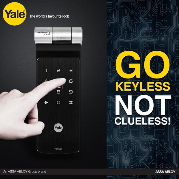 A high-contrast advertisement featuring a smart fingerprint lock being accessed, using a strong, direct headline to highlight the product's primary benefit.