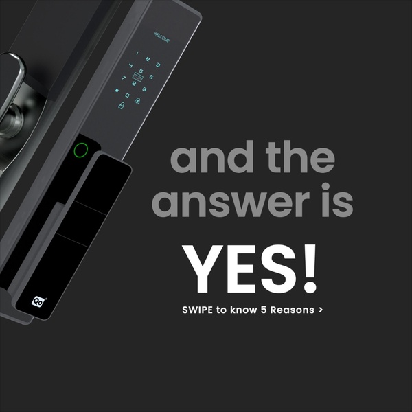 A high-contrast, minimalist ad creative featuring a smart door lock with a bold text hook that invites engagement via a curiosity gap.