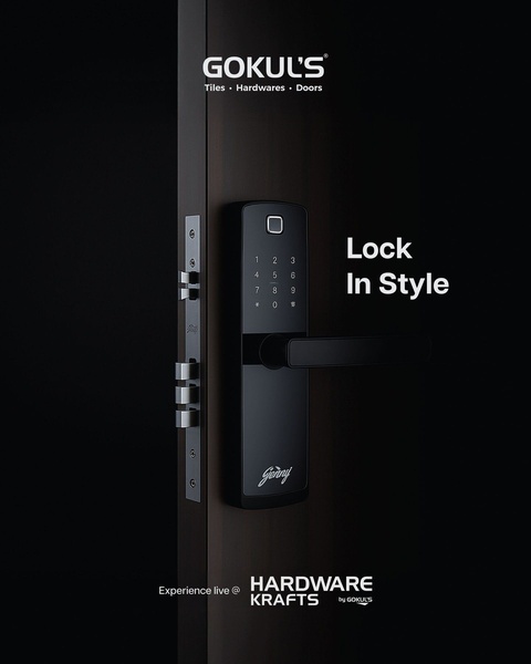 A high-contrast, minimalist promotional shot featuring a sleek smart door lock mounted on a dark, professional door surface.