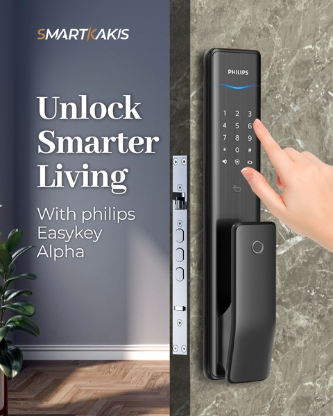 A high-contrast visual showcasing a person interacting with a sleek, black smart lock on a luxury door frame, emphasizing ease of use and lifestyle upgrades.