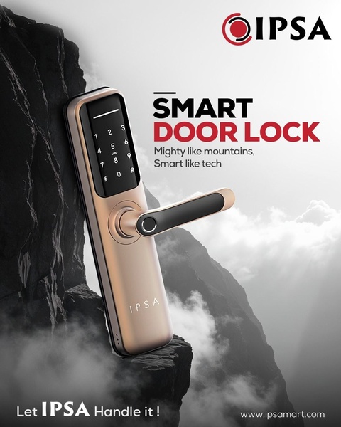 This creative showcases a sleek smart door lock placed on a rugged mountain cliff, emphasizing durability and modern technology through sharp contrasts and high-end photography.