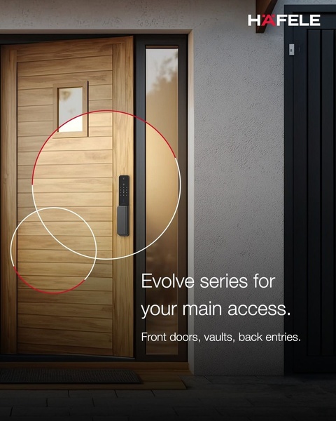 A high-contrast, minimalist showcase of a modern smart door lock installed on a wooden door, emphasizing sleek design and core access utility.