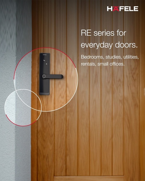 A vertical-format static ad highlighting a modern smart door lock installed on a traditional wood door with a clean, circular visual overlay.