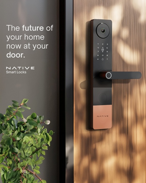 A high-end, minimalist product shot of a smart door lock mounted on a wooden door, emphasizing sleek design and modern security.