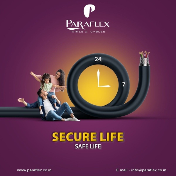 This ad features a sleek, circular-coiled electric cable forming a clock face to illustrate 24/7 reliability for a family unit.