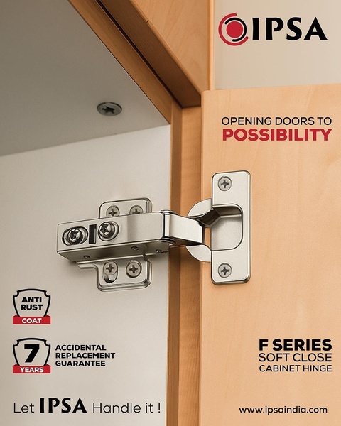 This ad creative highlights the durability and soft-close functionality of a cabinet hinge using a clean, product-focused visual layout with clear warranty callouts.