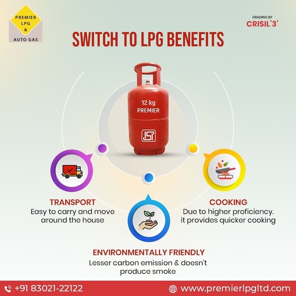 A clean, instructional infographic ad highlighting the transportability, cooking efficiency, and environmental friendliness of an LPG gas cylinder.