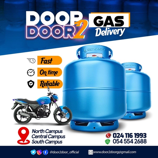 A clean, blue-toned advertisement for a door-to-door gas cylinder delivery service highlighting speed and reliability through clear icons.