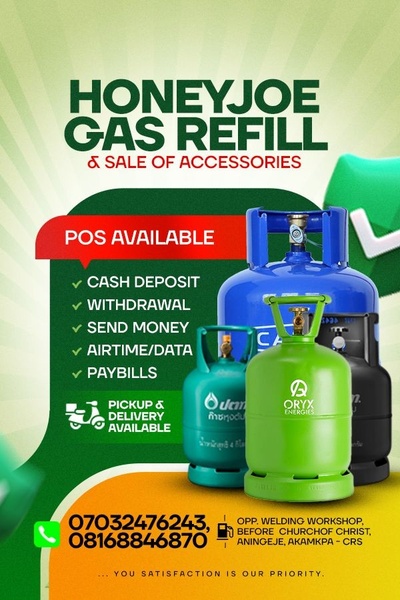 A high-contrast, informative service ad for a local gas refill and point-of-sale business featuring clear iconography and service lists.