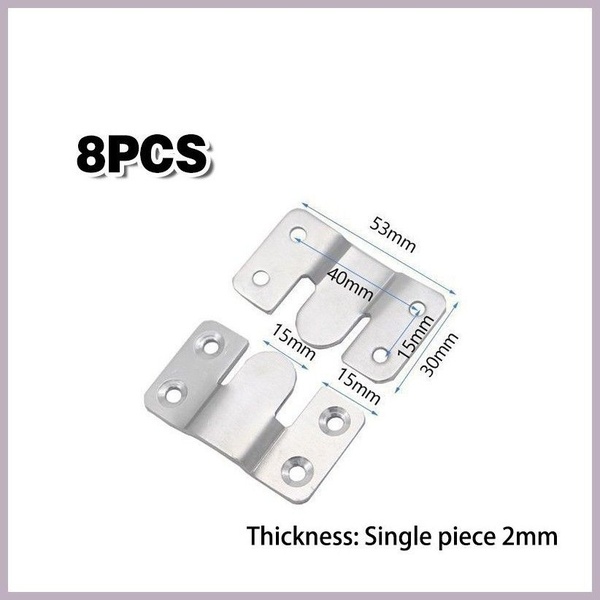 A high-contrast, clean-background display of an 8-piece hardware bracket set with overlaid technical dimensions for instant buyer clarity.