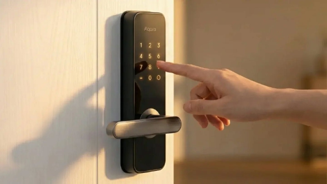 A close-up cinematic shot of a hand interacting with a smart door lock interface, emphasizing the simplicity and modern design of the device.