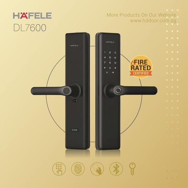 A clean, high-contrast product showcase for the Hafele DL7600 smart lock, emphasizing its multiple access methods and fire-rated certification.