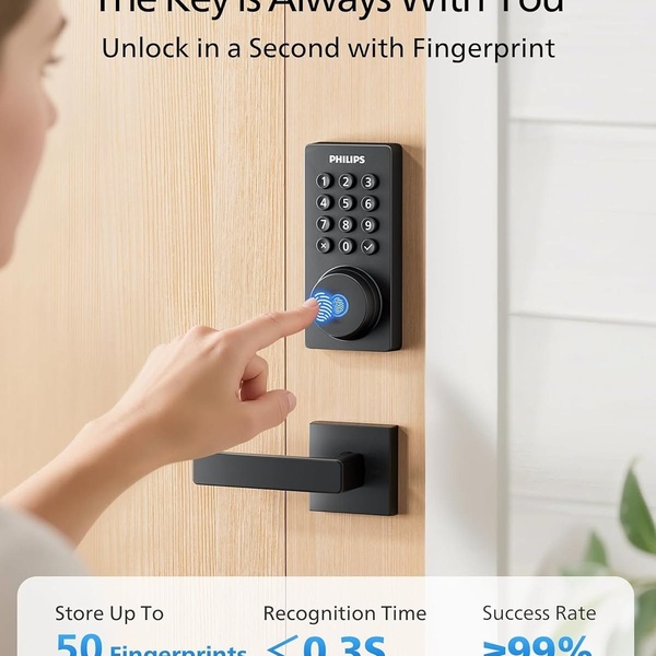 A clean, high-contrast product demo showing a user unlocking a smart door lock with a simple fingerprint touch, highlighting key technical performance metrics.