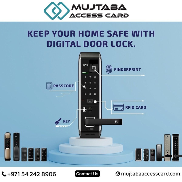 A clean, instructional product ad that highlights four distinct access methods for a digital door lock using annotated callouts on a minimalist studio background.