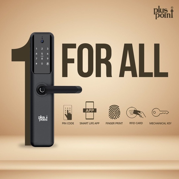 A clean, studio-lit ad displaying a black smart door lock with a 1-for-all access messaging system highlighting five distinct entry methods.