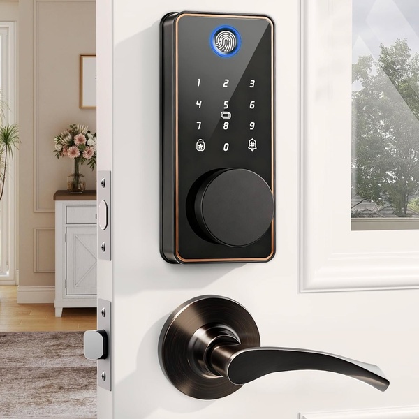 This creative showcases a sleek smart door lock featuring a biometric fingerprint scanner and digital keypad, presented on a clean, modern door surface.