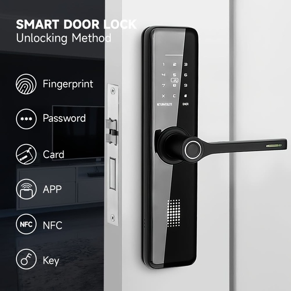 A clean, high-contrast visual display showing a smart door lock with six distinct unlocking methods including fingerprint, password, and app control.