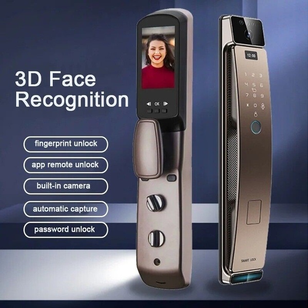 A high-contrast, professional product shot showcasing a smart door lock with biometric features and built-in camera capabilities.