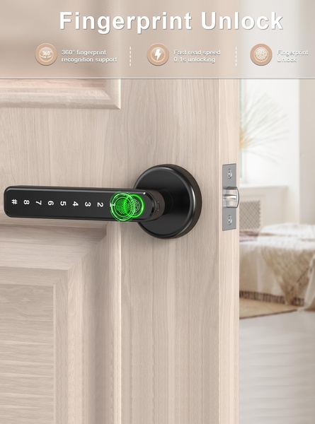 A close-up demonstration of a fingerprint door lock featuring rapid biometric authentication and digital keypad access.