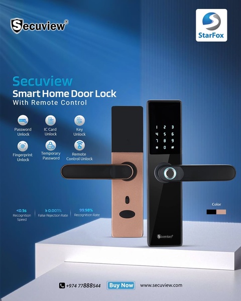 A feature-heavy product presentation highlighting multiple unlock methods, including remote control, password, and fingerprint, against a professional blue studio background.