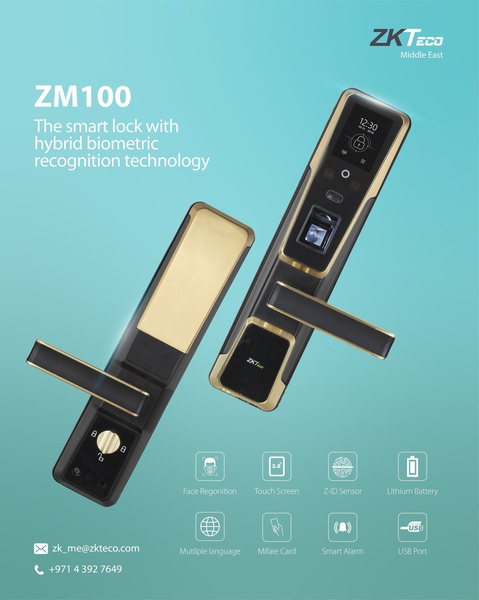 A clean, studio-lit display of the ZM100 smart lock paired with high-contrast icons representing key biometric and security features.