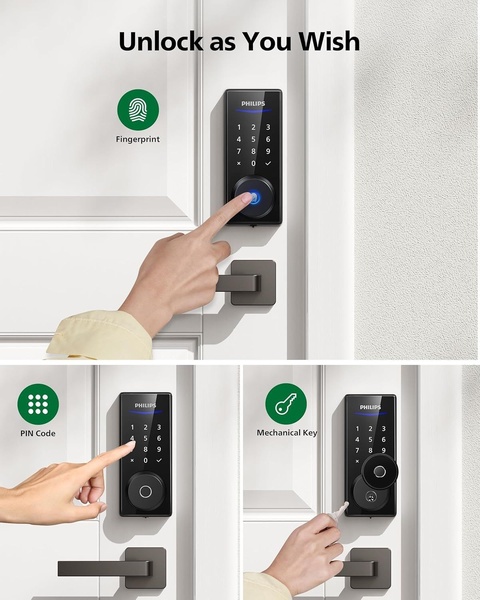 A clear, grid-style product demonstration showing three distinct ways to unlock a smart lock: fingerprint, pin code, and mechanical key.