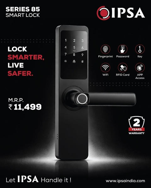 This ad creative displays a sleek smart lock against a dark background, highlighting six core access methods with clear icons.