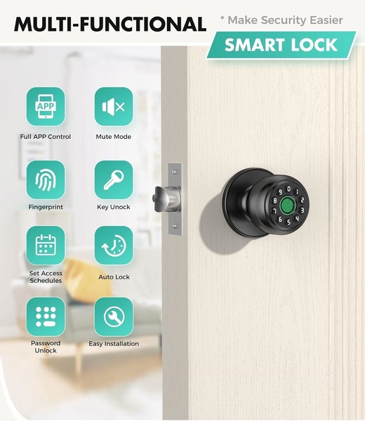 A clean, high-contrast product shot of a smart lock on a white door paired with an eight-icon grid highlighting key functional features.