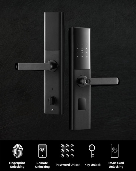 A sleek, professional display of a black smart door lock showing multiple entry methods through clear, minimalist icons at the bottom.