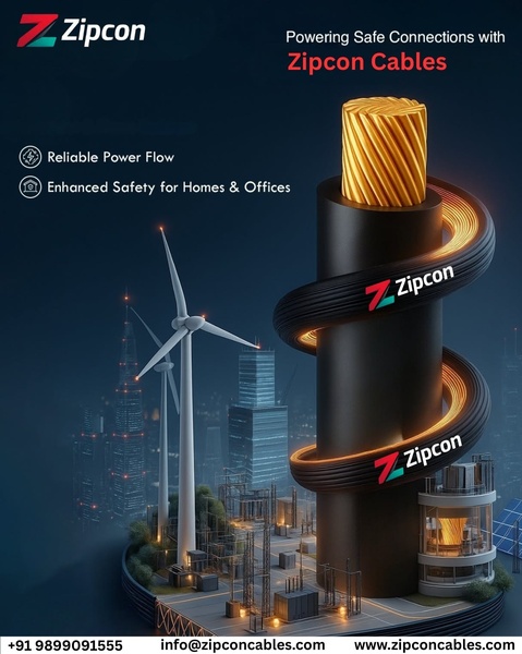 This ad creative features a stylized, towering electric cable integrated into a modern, eco-friendly urban landscape, emphasizing reliability and safety.